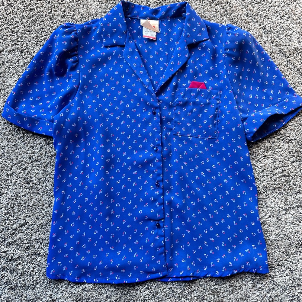 Vintage Office-wear 80ās Eber Etc. Blue Abstract Floral Button Blouse - Picture 7 of 14